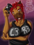 absurd_res anthro arm_under_breasts big_breasts black_clothing black_shirt black_topwear breasts brown_body brown_fur capybara caviid clothing female fur gauox hair hi_res holding_breast joystick looking_at_viewer mammal red_eyes red_hair rodent shirt solo speech_bubble topwear