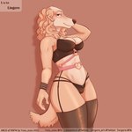 1:1 2023 absurd_res aggretsuko anthro artist_collaboration bra breasts brown_nose canid canine canis claws cleavage clothed clothing collar digital_media_(artwork) domestic_dog english_text female finger_claws fingers fur garter_straps hi_res humanoid_hands inui_(aggretsuko) legwear lingerie mammal navel panties sanrio smile solo spiked_collar spikes tan_body tan_fur text thigh_highs torgore underwear wristband yuzu_zuzu