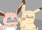 2019 ambiguous_gender bodily_fluids brown_body brown_fur duo eevee fur generation_1_pokemon get_it_go neck_tuft nintendo open_mouth pikachu pokemon pokemon_(species) red_cheeks scared sitting sweat sweatdrop tuft yellow_body