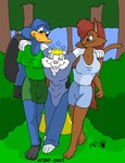 anthro barefoot beak blonde_hair blue_body blue_eyes blue_fur bottomwear breasts brown_body brown_fur clothed clothing denim denim_bottomwear denim_clothing digital_media_(artwork) dizzy domestic_cat feet felid feline felis female forest fur green_clothing green_shirt green_topwear group hair jeans kthanid_(artist) long_hair male male/female mammal martin_mink mink monica_(rutwell) monotreme mustelid musteline outside pants pink_nose plant platypus platypus_tail rutwell_forest serenakty shirt shorts shrub tail tank_top toony topwear tree trio true_musteline white_body white_fur yellow_beak