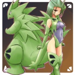 1:1 2010 alternate_species ambiguous_gender animal_humanoid anthro biped breasts clothing costume duo female generation_2_pokemon green_hair hair humanoid humanoidized long_hair low_res nintendo pokemon pokemon_(species) pokemon_costume pokemon_humanoid pokemorph ranphafranboise red_eyes reptile scalie tail tyranitar