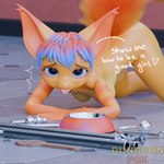 3d_(artwork) anal_hook anthro big_pupils bowl breasts butt canid canine container digital_media_(artwork) dilated_pupils dungeonfox female fingers fox fur hair hi_res hybrid looking_at_viewer mammal nude ota_dragonclaw pet_bowl pupils restraints smile solo spreader_bar submissive tail text tongue