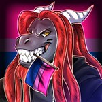 1:1 2_horns anthro apode bisexual_pride_colors black_body black_clothing black_hoodie black_scales black_topwear bust_portrait clothed clothed_anthro clothed_male clothing colored curved_horn digital_drawing_(artwork) digital_media_(artwork) draconcopode dragon dreadlocks facial_hair fangs flag flag_in_mouth furrowed_brow goatee grey_clothing grey_shirt grey_topwear hair hair_over_shoulder hoodie horn hybrid icon jerichoe knux_(maestroknux) legless lgbt_pride long_hair looking_at_viewer male male_anthro mythological_creature mythological_scalie mythology naga object_in_mouth open_clothing open_hoodie open_topwear portrait pride_color_background pride_color_flag pride_colors red_facial_hair red_goatee red_hair scales scalie serpentine shaded shirt simple_background smile smiling_at_viewer solo teeth toothy_grin topwear white_horn yellow_eyes