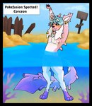 anthozoan anthro beach_background black_border black_sclera blue_hair border cel_shading claws cnidarian coral corsola dark_nose ear_piercing ear_ring eeveelution fusion generation_2_pokemon generation_4_pokemon glaceon hair horn hybrid intersex jewelry long_tail maleherm marine necklace nintendo nipples pawpads paws pearl_bracelet piercing pink_body pokemon pokemon_(species) pokemon_fusion puppetmaster13uwu ring_piercing shaded solo stretching tail text_box underwater water white_body