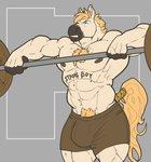 2017 5_fingers abs absurd_res anthro armpit_hair barbell big_bulge big_muscles black_nipples blonde_hair bodily_fluids body_hair body_writing bottomwear bulge chest_hair clothed clothing ear_piercing english_text equid equine exercise fingers fur hair hi_res horse humanoid_hands male mammal muscular muscular_anthro muscular_male nightterror nipples piercing pubes remidragon shorts simple_background solo sweat text topless weightlifting white_body white_fur workout writing_on_chest yellow_eyes