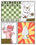 4:5 anthro chess chess_board chess_piece comic dialogue domestic_cat english_text felid feline felis furniture hi_res hybrid male mammal niko_(nikoransfw) nikora_(nikoransfw) nikoransfw plug table text