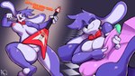 2023 accessory alfa_quinto_(artist) alfa_quinto_(character) anthro areola balls big_breasts bonnie_(fnaf) bow_(feature) bow_tie bow_tie_only breasts crossgender dialogue digital_drawing_(artwork) digital_media_(artwork) dragon duo english_text female five_nights_at_freddy's fur genitals guitar hair hi_res humanoid_genitalia humanoid_penis lagomorph leporid looking_at_viewer male male/female mammal mostly_nude mtf_crossgender musical_instrument mythological_creature mythological_scalie mythology nipples nude open_mouth penile penis pink_areola pink_nipples playing_guitar playing_music playing_with_penis plucked_string_instrument purple_balls purple_body pussy rabbit scalie scott_cawthon scottgames sequence shaded signature simple_background smile solo string_instrument text thick_thighs wide_hips widescreen