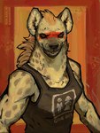 2024 3:4 alekksandar ambiguous_gender anthro bodypaint clothing conditional_dnp digital_media_(artwork) english_text face_paint female grin hi_res hyena mammal marrow_(alekksandar) red_eyes shirt smile solo spotted_hyena tank_top text text_on_clothing topwear