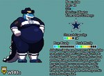 alligator alligatorid anthro belly big_belly bloated blue_body character_name claws clothed clothing cowboy cowboy_hat crocodilian dallas_cowboys digital_media_(artwork) english_text gloves handwear hat headgear headwear john_(wbu) logo male model_sheet moobs nfl overweight overweight_anthro overweight_male pixel_(artwork) reptile scalie simple_background solo star tail text wbu