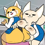 absurd_res aggretsuko ailurid anthro big_breasts big_butt bodily_fluids bottomwear breasts butt canid canine clothed clothing duo female female/female fennec_fox fenneko flashing fox hexecat hi_res holding_butt looking_at_viewer looking_back mammal office raised_bottomwear raised_clothing raised_skirt red_panda retsuko sanrio skirt smug sweat sweatdrop true_fox underwear