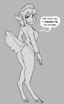 2022 anthro antlers big_tail bottomless breasts butt changeling_tale clothed clothing crossgender deer dialogue digital_drawing_(artwork) digital_media_(artwork) english_text female hat headgear headwear hooves horn malcolm_(changeling_tale) mammal monochrome mtf_crossgender shirt solo tail text topwear watsup