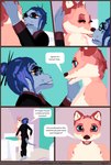 3d_(artwork) amphibian anthro breasts canid canine close-up clothed clothing comic dialogue digital_media_(artwork) duo english_text eyes_closed female female/female fox french_kissing furniture hair hand_on_head hi_res kissing lennox_(mynka) mammal mynka nipples nude open_mouth raelynn_(mynka) salamander speech_bubble text tongue tongue_out work_clothes