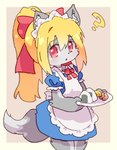 2024 accessory anthro apron blonde_hair blue_clothing blue_dress canid canine canis clothing dipstick_tail dish dress female food fur futaba_channel gaoranai-san grey_body grey_ears grey_fur hair hair_accessory hair_ribbon hi_res holding_dish inner_ear_fluff maid_apron maid_headdress maid_uniform mammal markings meat neck_ribbon nijiura_maids onigiri pink_background ponytail question_mark red_eyes red_ribbon ribbons rice sausage simple_background solo tail tail_markings tamagoyaki tuft uniform utubo white_apron white_clothing white_face white_inner_ear_fluff white_tail_tip