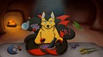 2018 2024 animated black_tail canid canine caraluca cave digital_media_(artwork) dipstick_tail female fireplace floating fox fox_spirit herbs kira_redpaw log mammal markings medicine plant red_tail_tip short_playtime tail tail_markings telepathy true_fox wishwasher wood yellow_body