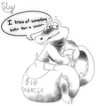 anthro big_tobacco_(character) black_and_white clothed clothing crocodile crocodilian dialogue diaper diaper_only english_text eyebrows half-closed_eyes hi_res holding_diaper holding_object looking_at_viewer male monochrome narrowed_eyes raised_eyebrows reptile scalie shaded signature simple_background sly_chestnut smug solo speech_bubble stylized talking_to_viewer tape teeth text topless touching_diaper wearing_diaper white_background