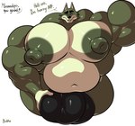 animal_crossing anthro big_bulge big_muscles big_pecs bobthetanuki bulge canid canine canis clothed clothing dobie_(animal_crossing) fur genital_outline green_body green_fur hi_res huge_bulge huge_muscles huge_pecs hyper hyper_bulge hyper_muscles hyper_nipples hyper_pecs male mammal mature_anthro mature_male muscular nintendo nipples overweight pecs simple_background small_head solo topless white_background wolf