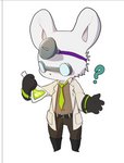 anthro anthrofied beaker belt boots brown_clothing chibi clothing coat evil_genius_(series) evil_genius_2 eyewear footwear fur glasses gloves handwear headgear hi_res holding_object lab_coat laboratory_equipment laboratory_glassware lagomorph leporid long_ears male mammal mouthless necktie question_mark rabbit ripy scientific_instrument scientist scientist_(evil_genius) shoes simple_background solo topwear white_background white_body white_fur