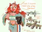 2018 ahoge aircraft anthro avro_lancaster breasts canid canine canis chest_tuft cute_fangs de_havilland_mosquito domestic_dog english_text exclamation_point eyewear female fur gesture glasses hair hand_gesture hawker_hurricane hideki_kaneda holding_object long_hair looking_at_viewer mammal midriff navel offscreen_character one_eye_closed open_mouth pink_body pink_fur question_mark red_hair rolls-royce solo spitfire_(hideki_kaneda) text thumbs_up tuft vehicle wink