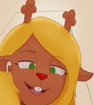 anthro antlers blonde_hair buckteeth deer deltarune electronics female freckles green_eyes hair headphones hi_res hitsuji horn looking_down mammal meme noelle_holiday red_nose solo teeth undertale_(series)