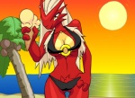 anthro anthrofied avian beach bikini bird blaziken breasts clothed clothing crotch_tuft dessert detailed_background female food generation_3_pokemon ice_cream navel nintendo non-mammal_breasts outside palm_tree pikanjo plant pokemon pokemon_(species) pokemon_snap_xxx pokemorph sand seaside skimpy sky solo sun sunset swimwear tight_clothing tree tuft two-piece_swimsuit water