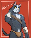 2021 abs anthro avocato barazoku better_version_at_source bulge character_name clothing domestic_cat felid feline felis final_space hand_behind_head hi_res irreplaceable_bvas jrjresq male mammal muscular muscular_anthro muscular_male navel pecs pinup portrait pose red_background shoulder_pads simple_background solo standing thong three-quarter_portrait unavailable_at_source underwear ventrexian