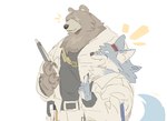 2024 absurd_res anthro bear ben_bigger black_clothing black_shirt black_topwear blue_body blue_fur brown_body brown_fur canid canine canis chain_necklace clipboard clothing duo eye_scar eyes_closed facial_scar fan_character fur grey_body grey_fur hi_res jacket jewelry kemono l0sskim laugh male mammal mihoyo necklace scar shirt smile tail tail_motion tailwag topwear white_clothing white_jacket white_topwear wolf zenless_zone_zero