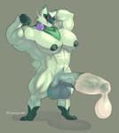 abs absurd_res anthro balls biceps big_balls big_muscles big_pecs big_penis bodily_fluids condom cum dalemdaury622 ear_piercing erection filled_condom floragato fur generation_9_pokemon genital_fluids genitals green_body green_fur hi_res huge_penis looking_at_viewer male muscular muscular_anthro muscular_male nintendo nipples nude pecs penis piercing pokemon pokemon_(species) presenting sexual_barrier_device simple_background smile solo wearing_condom