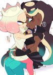 animal_humanoid blush breasts cephalopod cephalopod_humanoid clothing crown dark_body dark_skin duo ear_piercing eye_contact female female/female headgear heart_symbol hi_res humanoid humanoid_on_humanoid inkling kiirono legwear light_body light_skin looking_at_another marina_(splatoon) marine marine_humanoid mollusk mollusk_humanoid nintendo octarian octoling on_lap pearl_(splatoon) piercing pseudo_hair signature simple_background sitting sitting_on_lap splatoon suction_cup tentacle_hair tentacles