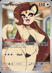 2024 anthro big_breasts bikini breasts brown_hair clothing english_text eyebrows eyelashes female fur generation_1_pokemon hair hand_on_hip i_am_kat95 nintendo open_mouth open_smile persian_(pokemon) pokemon pokemon_(species) red_eyes smile solo swimwear tan_body tan_fur text thick_thighs two-piece_swimsuit wide_hips