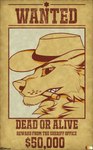 2021 absurd_res anthro canid canine canis cheek_tuft cigar clothing ctahrpoe digital_media_(artwork) english_text facial_tuft hat headgear headwear hi_res male mammal neck_tuft no_sclera restricted_palette signature simple_background solo teeth text tuft wanted_poster wolf