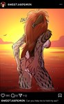 absurd_res anthro bikini breasts butt clothing english_text felid feline female hair hi_res jessica_reed_(rimann) long_hair lynx mammal partially_submerged rear_view red_hair rimann side_boob social_media solo sunset swimwear text two-piece_swimsuit wet