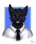 anthro black_body black_ears black_fur black_necktie black_nose black_wolf57 blue_eyes canid canine clothed clothing cocoline_(artist) digital_media_(artwork) fur hi_res looking_at_viewer male mammal necktie shirt simple_background smile smiling_at_viewer solo teeth topwear white_clothing white_shirt white_topwear