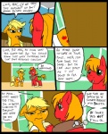 2012 applejack_(mlp) big_macintosh_(mlp) blonde_hair brother_(lore) brother_and_sister_(lore) clothed clothing comic cutie_mark dialogue digital_media_(artwork) duo earth_pony english_text equid equine female feral freckles friendship_is_magic fur green_eyes hair hasbro horse hospital inside male mammal metal_(artist) my_little_pony orange_body orange_fur orange_hair plow_yoke pony red_body red_fur sibling_(lore) sister_(lore) text worried wounded