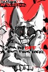 2023 anthro black_sclera clothing digital_media_(artwork) domestic_cat english_text fangs felid feline felis fur grey_body grey_fur grey_nose hand_on_face hand_on_own_face male mammal pose red_background red_eyes sharp_teeth shirt simple_background solo sushiamazing t-shirt teeth text topwear