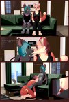 3d_(artwork) ambiguous_gender anthro bodily_fluids breasts canid canine clothed clothing comic cunnilingus dialogue digital_media_(artwork) duo english_text female fox furniture genitals head_in_crotch hi_res humanoid_genitalia humanoid_pussy kissing kneeling kneeling_oral_position living_room mammal mouse murid murine mynka nipples nude oral pussy raelynn_(mynka) rodent romantic romantic_couple romantic_sex saliva sex sitting sofa text tongue vaginal