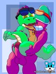 absurd_res anal anal_penetration angry anthro brawl_stars buzz_(brawl_stars) clothing confusion dinosaur doug_(brawl_stars) duo eyewear eyewear_on_head floater goggles goggles_on_head green_body hair hand_on_butt hat headgear headwear hi_res hot_dogging looking_at_viewer male male/male penetration penile penile_penetration penis_in_ass prehistoric_species purblube_scramble-prll red_hair reptile scalie sex smile spikes spikes_(anatomy) supercell_(company) visor_cap whistle_(object) whistle_around_neck yellow_eyes