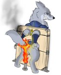 anthro armello armor bodily_fluids bottomless burning butt butt_on_fire butt_torture canid canine canis clenched_teeth clothed clothing eyes_closed fifybear fire flamethrower hi_res league_of_geeks lock male mammal pain ranged_weapon rear_view restraints smoke solo stocks tail tears teeth thane_(armello) torture weapon wolf