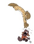 2021 anthro black_eyes brown_body brown_fur brown_hair calvin_and_hobbes duo fangs fur grey_body grey_fur grey_hair grin hair hi_res hyena jumping karhyena male mammal open_mouth pawpads red_body red_fur rick_griffin scared simple_background smile tan_body tan_fur teeth white_background white_body white_fur