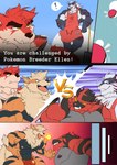 abs anthro apron arcanine battle breath_powers bulge bwcat canid canine canis clothed clothing comic elemental_manipulation ellen_(bwcat) english_text felid fire fire_breathing fire_manipulation generation_1_pokemon generation_7_pokemon group hi_res incineroar male mammal muscular muscular_male nintendo nipples pantherine pecs pitchfork pokeball pokemon pokemon_(species) ren_(daikitei) speedo speedo_only swimwear text tiger tools topless wolf