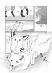 2015 akafude_(tsukune_minaga) ambiguous_gender canid canine canis comic dialogue digital_media_(artwork) dipstick_ears domestic_dog duo ear_markings feral fluffy fluffy_tail fox grass greyscale halftone hi_res japanese_text lying mammal monochrome multicolored_ears on_front plant quadruped shiranui_(tsukune_minaga) speech_bubble sploot tail text tongue tongue_out translated tsukune_minaga