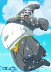 2024 absurd_res anthro bear belly big_belly black_body black_nose bulge clothing cloud giant_panda hi_res kemoniku120 kemono male mammal moobs navel nipples open_mouth outside overweight overweight_male solo swimwear water white_body