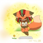 1:1 anthro beverage canid canine chibi clothing concon-collector egyptian egyptian_clothing egyptian_headdress eyes_closed female flower food fox fur headdress headgear headwear japanese_text jewelry mammal necklace nemes_(clothing) no3512 plant simple_background solar_fox_god_ra solo text usekh