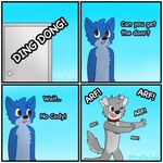 1:1 2021 4_panel_comic animal_noises anthro arf asking asking_for_favor barking base_two_layout biped black_nose blue_body blue_ears blue_fur blue_hair blue_tail broitscody brown_eyes canid canine canis chest_tuft cody_(broitscody) collar comic command command_to_wait dialogue different_sound_effects domestic_dog door doorbell doorknob duo english_text floppy_ears four_frame_grid four_frame_image fur grey_body grey_fur grey_hair grey_tail grid_layout hair hi_res husky logan_(broitslogan) male mammal monotone_hair multicolored_body multicolored_fur name_drop name_in_dialogue nordic_sled_dog one_eye_closed onomatopoeia question regular_grid_layout sound_effects spitz tail talking_to_another text tuft two_row_layout two_tone_body two_tone_fur two_tone_tail watermark white_body white_ears white_fur white_tail wolf yes-no_question