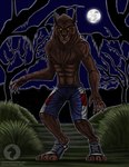 4_toes 5_fingers abs anthro artist_logo artist_name athletic athletic_anthro athletic_male backlighting bared_teeth basketball_shorts black_claws black_lips black_nose brown_body brown_fur canid canine chest_tuft claws clothed clothing digitigrade english_text feet finger_claws fingers forest full_moon fur goosebumps goosebumps_(movie) head_tuft light lighting lips logo male mammal mane moon mythological_canine mythological_creature mythology night open_mouth outside path paws plant ravenfire5 shaded shrub sky solo standing teeth text toe_claws toes tongue topless torn_shoes tree tuft were werecanid werecanine werewolf werewolf_of_fever_swamp yellow_eyes