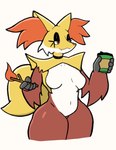 absurd_res anthro belly breasts butt canid canine delphox digital_media_(artwork) exposed_breasts eyeliner female fur generation_6_pokemon hi_res inner_ear_fluff makeup mammal mature_anthro mature_female mushkoe navel nintendo overweight overweight_anthro pokemon pokemon_(species) simple_background smile solo tail thick_thighs thighs_together tuft white_body white_fur wide_hips yellow_body yellow_fur