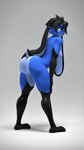 2024 3d_(artwork) absurd_res anthro black_body black_eyes black_hair blue_body blue_fur breasts butt digital_media_(artwork) domi_(domibun) domibun facial_scar female fur grey_background hair hi_res lagomorph leporid long_ears looking_at_viewer looking_back looking_back_at_viewer mammal multicolored_body nude nude_anthro nude_female presenting presenting_hindquarters rabbit scar scut_tail short_tail simple_background small_breasts smug smug_expression smug_face smug_grin solo source_filmmaker_(artwork) tail two_tone_body