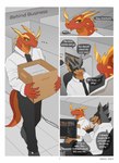 2023 anthro bakugan border clothed clothing comic drago_(bakugan) dragon duo employee english_text fur haziran hi_res horn male mythological_creature mythological_scalie mythology necktie office office_clothing red_body scalie sellon speech_bubble tail text tongue twitter white_border