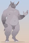 2024 2_horns anthro arm_tattoo balls belly biceps big_belly conditional_dnp ear_piercing fist flaccid foreskin furgonomics furry-specific_piercing genitals grey_body grin hi_res hooves horn horn_piercing horn_tattoo humanoid_genitalia humanoid_penis looking_at_viewer male mammal markings masonparker moobs musclegut muscular navel nipples nude overweight penis piercing realistic_penis_size rhinoceros simple_background small_penis smile solo standing stubble tattoo thick_thighs tribal tribal_markings triceps unretracted_foreskin yellow_eyes