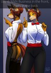 androidz anthro bottomwear bow_tie breasts bulge canid canine canis clothed clothing digital_drawing_(artwork) digital_media_(artwork) domestic_dog dress_pants dress_shirt english_text exposing_reflection garter_belt garter_straps gynomorph hair hair_bun hi_res intersex legwear mammal mel_(androidz) meme meme_clothing mirror nipple_outline no_bra portrait shaded shirt signature simple_background soft_shading solo text thigh_highs three-quarter_portrait topwear trans_(lore) trans_woman_(lore) underwear