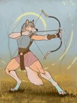 3:4 5_fingers ankle_wraps anthro armor arrow_(weapon) arrowhead belt bottomwear bow_(weapon) breastplate canid canine canis clothing drawing_bowstring dry_grass ears_up female fingers grass hi_res hindpaw mammal outside paws plant ranged_weapon skirt solo solokhoniir spread_legs spreading tree weapon wolf wrist_guards yellow_eyes